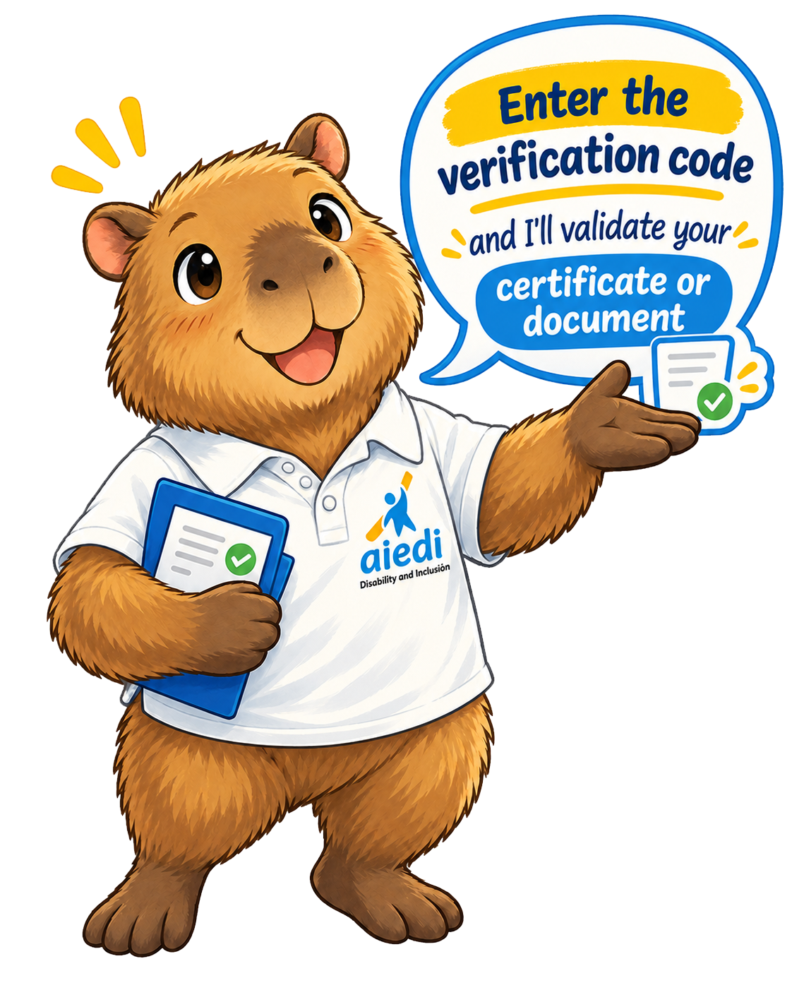AIEDI capybara inviting the user to enter a verification code.