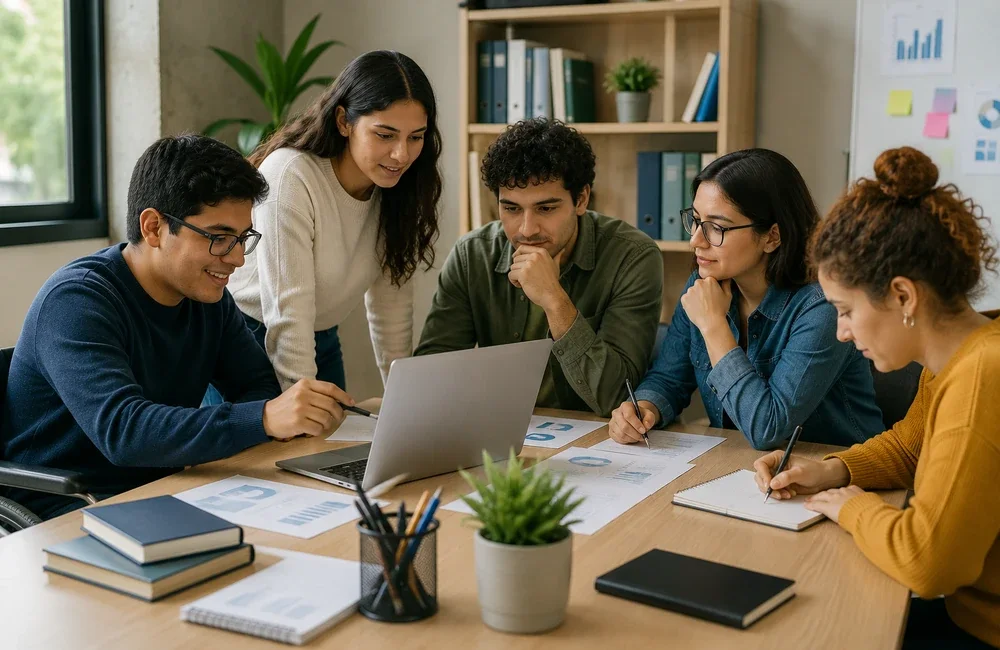 Cinco personas colaboran alrededor de una computadora portátil y revisan materiales de investigación.