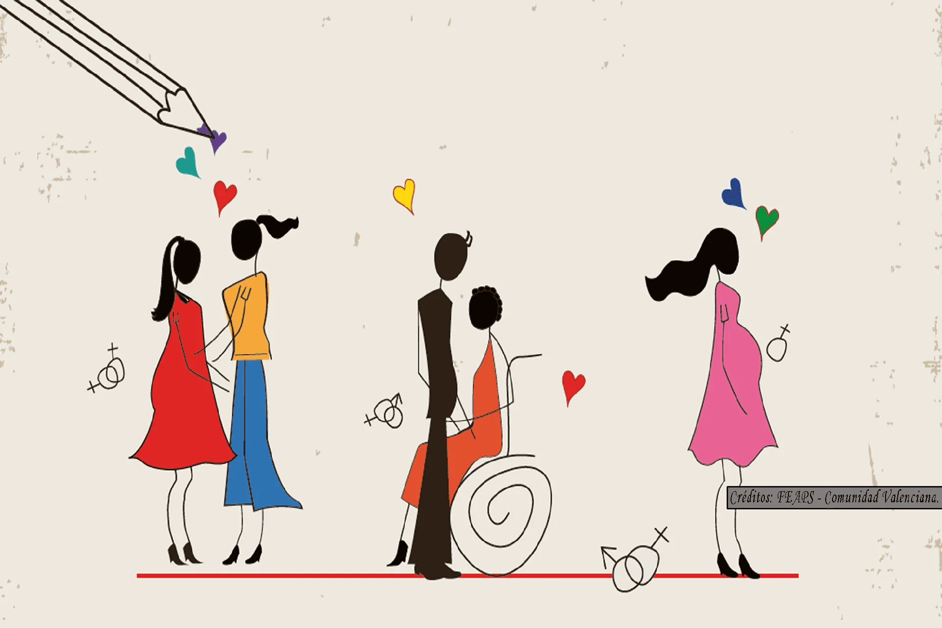 Illustration about sexuality and parenthood showing couples, a wheelchair user and a pregnant woman.