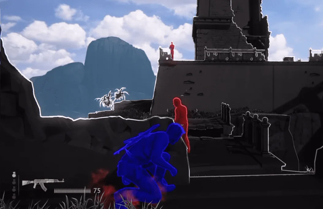 Uncharted 4 in high-contrast mode, with characters shown in red and blue.