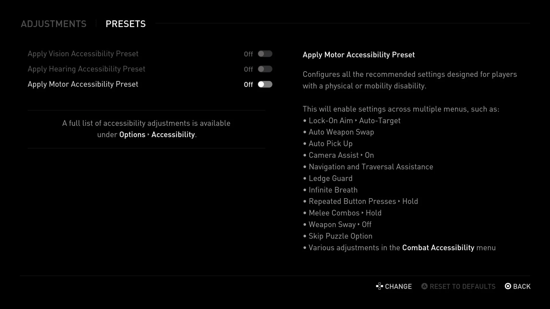 Preset menu for motor, visual and hearing accessibility.